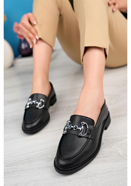 Kadın Siyah Cilt Zincir Tokalı Kalın Taban PU Deri Günlük Klasik Topuklu Loafer Makosen Ayakkabı N Siyah Cilt N Siyah Cilt N Siyah Cilt O Siyah Rugan