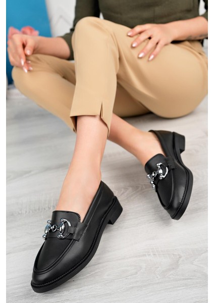 Kadın Siyah Cilt Zincir Tokalı Kalın Taban PU Deri Günlük Klasik Topuklu Loafer Makosen Ayakkabı N Siyah Cilt N Siyah Cilt N Siyah Cilt O Siyah Rugan