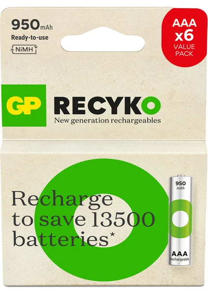 Gp Batteries Recyko 1000 Aaa Ince Kalem Ni-Mh Şarjlı Pil, 1.2 Volt, 6'lı Kart