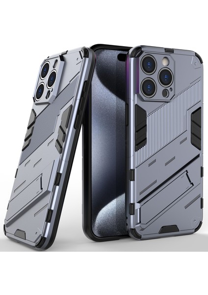 iPhone 15 Pro Için Sert Pc Tpu Hibrit Düşme Önleyici Stand Telefon Kılıfı - Gri (Yurt Dışından)