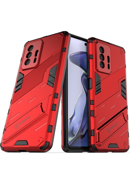 Xiaomi 11T / 11T Pro Için Sert Pc Tpu Hibrit Düşme Önleyici Stand Telefon Kılıfı - Kırmızı (Yurt Dışından)