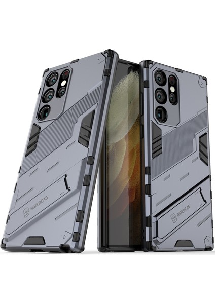Samsung Galaxy S22 Ultra 5g Için Sert Pc Tpu Hibrit Düşme Önleyici Stand Telefon Kılıfı - Gri (Yurt Dışından)