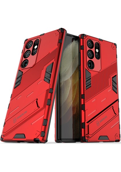 Samsung Galaxy S22 Ultra 5g Için Sert Pc Tpu Hibrit Düşme Önleyici Stand Telefon Kılıfı - Kırmızı (Yurt Dışından)