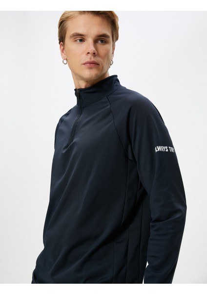 Spor Sweatshirt Yarım Fermuarlı Dik Yaka Slogan Baskılı