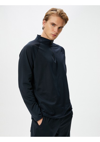 Spor Sweatshirt Yarım Fermuarlı Dik Yaka Slogan Baskılı
