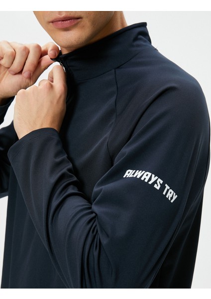 Spor Sweatshirt Yarım Fermuarlı Dik Yaka Slogan Baskılı