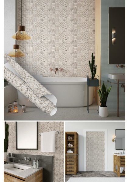 Kum Beji Çini Desenli Yapışkanlı Folyo, Mutfak, Tezgah, Masa, Dolap Kaplama Folyosu, Isıya Dayanıklı, Su Geçirmez, Yapışkan Folyolar, Sticker, Büyük Ebatlı, Dekoros