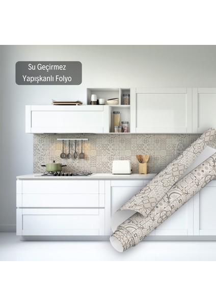 Kum Beji Çini Desenli Yapışkanlı Folyo, Mutfak, Tezgah, Masa, Dolap Kaplama Folyosu, Isıya Dayanıklı, Su Geçirmez, Yapışkan Folyolar, Sticker, Büyük Ebatlı, Dekoros