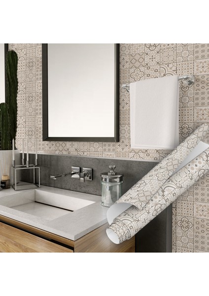 Kum Beji Çini Desenli Yapışkanlı Folyo, Mutfak, Tezgah, Masa, Dolap Kaplama Folyosu, Isıya Dayanıklı, Su Geçirmez, Yapışkan Folyolar, Sticker, Büyük Ebatlı, Dekoros fırsatları