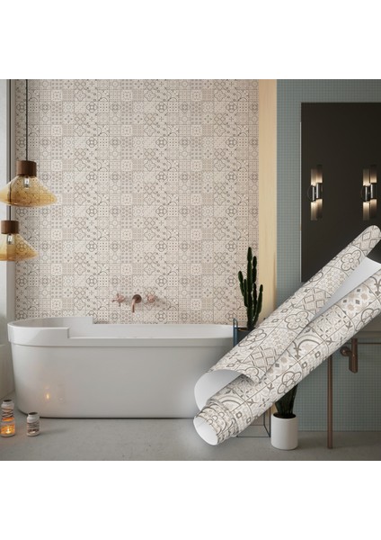 Kum Beji Çini Desenli Yapışkanlı Folyo, Mutfak, Tezgah, Masa, Dolap Kaplama Folyosu, Isıya Dayanıklı, Su Geçirmez, Yapışkan Folyolar, Sticker, Büyük Ebatlı, Dekoros indirimleri