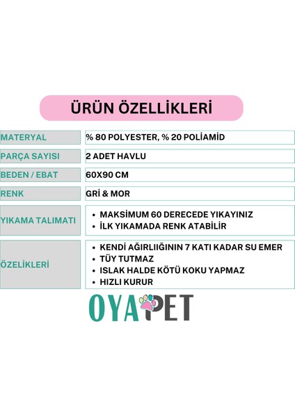 2'li Set Köpek Havlusu, Su Emici Mikrofiber, 60x90 Cm