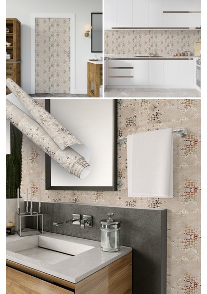 Fildişi Rengi Fayans Görünümlü Kendinden Desenli Yapışkanlı Folyo, Mutfak, Tezgah, Masa, Dolap Kaplama Folyosu, Isıya Dayanıklı, Su Geçirmez, Yapışkan Folyolar, Sticker, Büyük Ebatlı, Dekoros