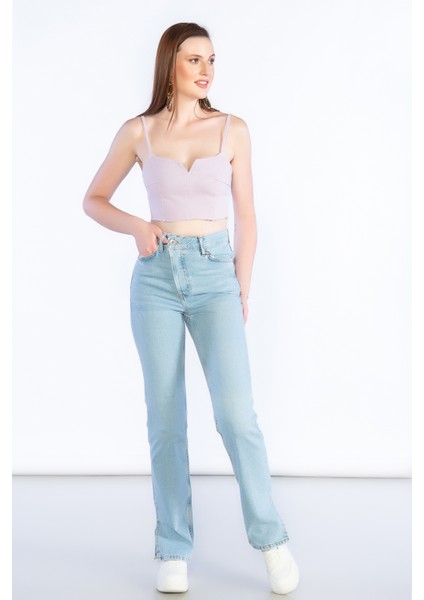 Açık Mavi Yüksek Bel Paça Kesik Detaylı Mom Jeans fiyatları