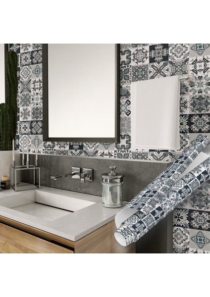 Antrasit Mavi Çini Motifli Yapışkanlı Folyo, Mutfak, Tezgah, Masa, Dolap Kaplama Folyosu, Isıya Dayanıklı, Su Geçirmez, Yapışkan Folyolar, Sticker, Büyük Ebatlı, Dekoros modelleri