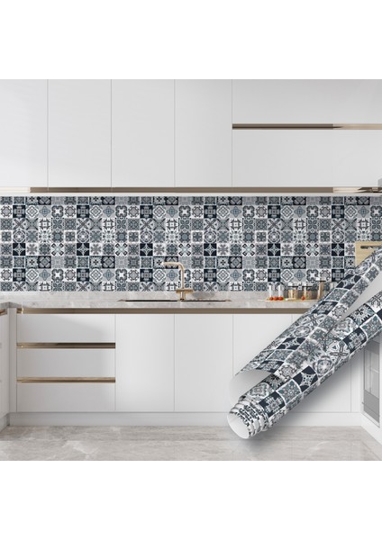 Antrasit Mavi Çini Motifli Yapışkanlı Folyo, Mutfak, Tezgah, Masa, Dolap Kaplama Folyosu, Isıya Dayanıklı, Su Geçirmez, Yapışkan Folyolar, Sticker, Büyük Ebatlı, Dekoros fırsatları