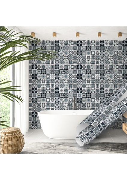 Antrasit Mavi Çini Motifli Yapışkanlı Folyo, Mutfak, Tezgah, Masa, Dolap Kaplama Folyosu, Isıya Dayanıklı, Su Geçirmez, Yapışkan Folyolar, Sticker, Büyük Ebatlı, Dekoros indirimleri