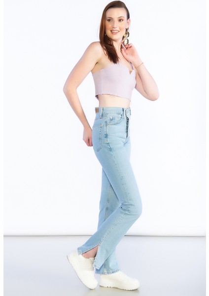 Açık Mavi Yüksek Bel Paça Kesik Detaylı Mom Jeans