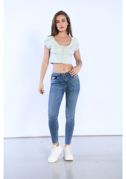 Mavi Yüksek Bel Yandan Şerit Detaylı Skinny Jeans