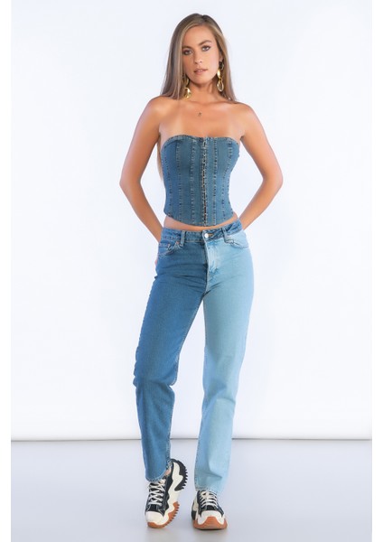 Mavi Yüksek Bel Çift Renk Detaylı Mom Jeans
