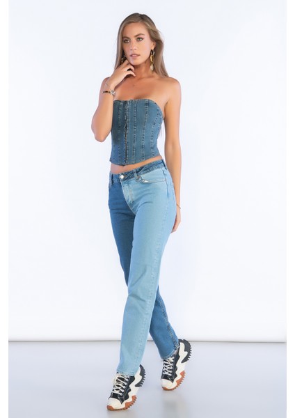 Mavi Yüksek Bel Çift Renk Detaylı Mom Jeans