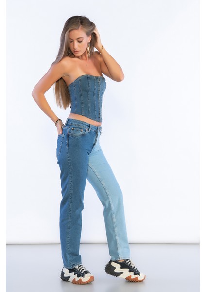 Mavi Yüksek Bel Çift Renk Detaylı Mom Jeans