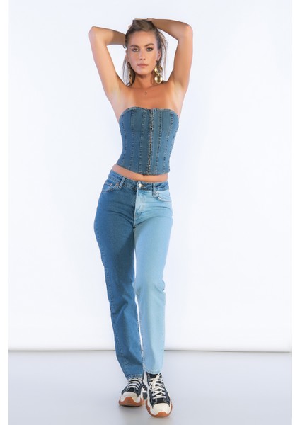 Mavi Yüksek Bel Çift Renk Detaylı Mom Jeans