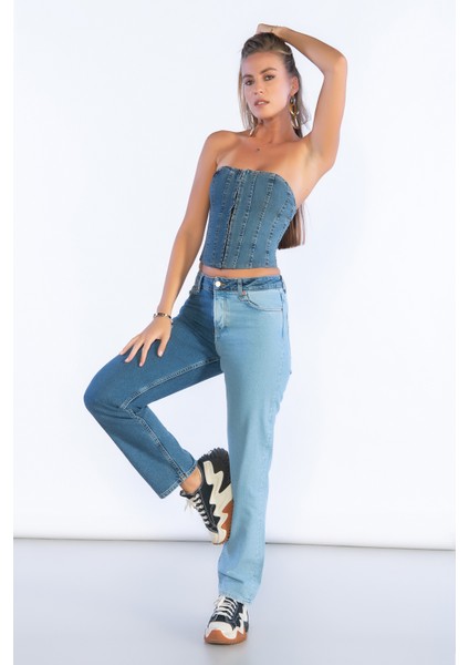 Mavi Yüksek Bel Çift Renk Detaylı Mom Jeans