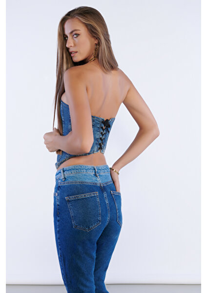 Lacivert Yüksek Bel Yama Detaylı Mom Jeans