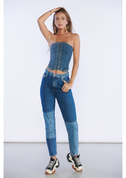 Lacivert Yüksek Bel Yama Detaylı Mom Jeans