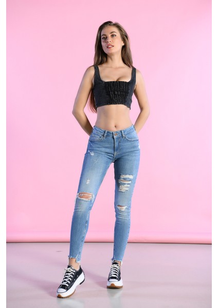 Mavi Düşük Bel Diz ve Paça Lazer Detaylı Skinny Jeans