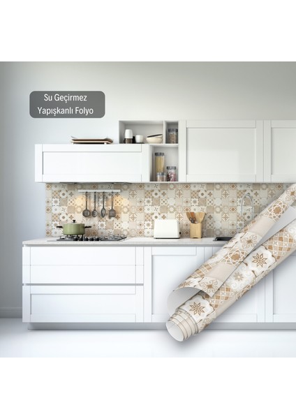Bej Çini Desenli Yapışkanlı Folyo, Mutfak, Tezgah, Masa, Dolap Kaplama Folyosu, Isıya Dayanıklı, Su Geçirmez, Yapışkan Folyolar, Sticker, Büyük Ebatlı, Dekoros modelleri