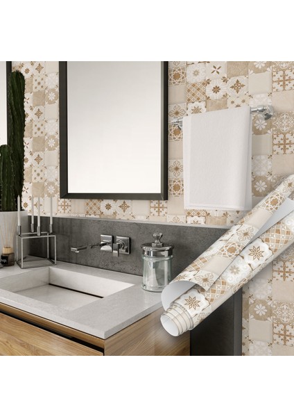 Bej Çini Desenli Yapışkanlı Folyo, Mutfak, Tezgah, Masa, Dolap Kaplama Folyosu, Isıya Dayanıklı, Su Geçirmez, Yapışkan Folyolar, Sticker, Büyük Ebatlı, Dekoros fırsatları