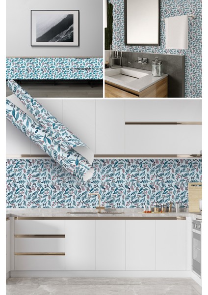 Mavi Renkli Çiçek Desenli Yapışkanlı Folyo, Mutfak, Tezgah, Masa, Dolap Kaplama Folyosu, Isıya Dayanıklı, Su Geçirmez, Yapışkan Folyolar, Sticker, Büyük Ebatlı, Dekoros