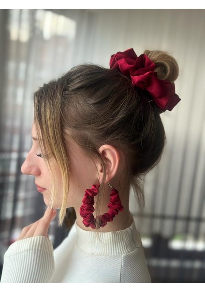 Bordo Scrunchie Toka ve Küpe Set