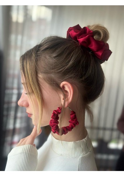 Bordo Scrunchie Toka ve Küpe Set