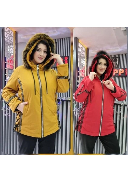 Kırmızı Spor Kapüşonlu Kadın Mont
