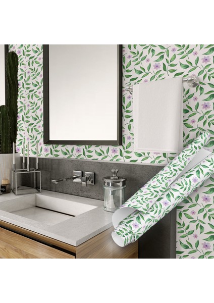 Yeşil Mor Çiçek Desenli Yapışkanlı Folyo, Mutfak, Tezgah, Masa, Dolap Kaplama Folyosu, Isıya Dayanıklı, Su Geçirmez, Yapışkan Folyolar, Sticker, Büyük Ebatlı, Dekoros fırsatları