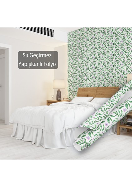 Yeşil Mor Çiçek Desenli Yapışkanlı Folyo, Mutfak, Tezgah, Masa, Dolap Kaplama Folyosu, Isıya Dayanıklı, Su Geçirmez, Yapışkan Folyolar, Sticker, Büyük Ebatlı, Dekoros indirimleri