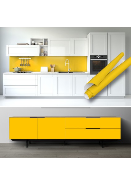 Sarı Renkli Düz Yapışkanlı Folyo, Su Geçirmez, Isıya Dayanıklı, Banyo, Yatak Odası, Mutfak Için Ev Dekoru, Dolap Yapışkanı, Duvar ve Mobilya Kaplama Folyosu, Kendinden Yapışkanlı Folyolar