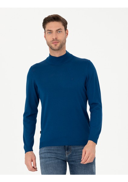 Erkek İndigo Slim Fit Yarım Balıkçı Yaka Yün Karışımlı Basic Triko Kazak 50270055-VR106