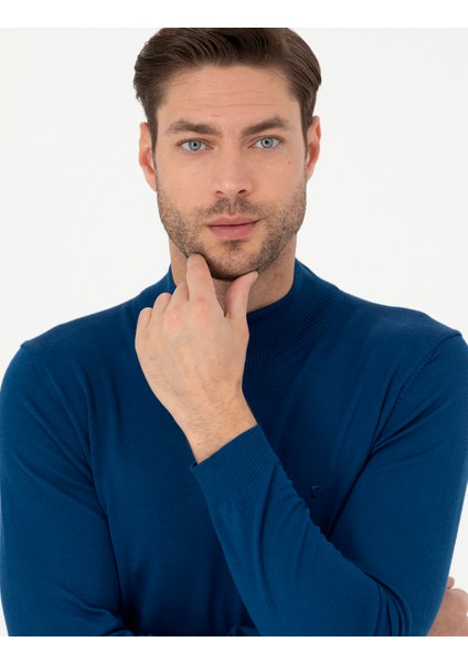 Erkek İndigo Slim Fit Yarım Balıkçı Yaka Yün Karışımlı Basic Triko Kazak 50270055-VR106 fiyatları