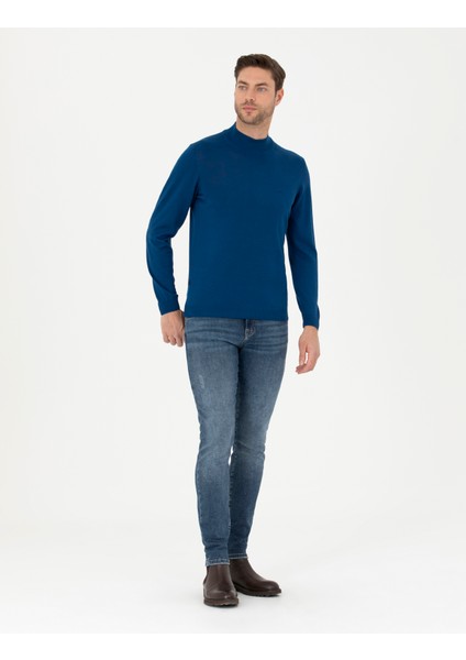 Erkek İndigo Slim Fit Yarım Balıkçı Yaka Yün Karışımlı Basic Triko Kazak 50270055-VR106 fırsatları
