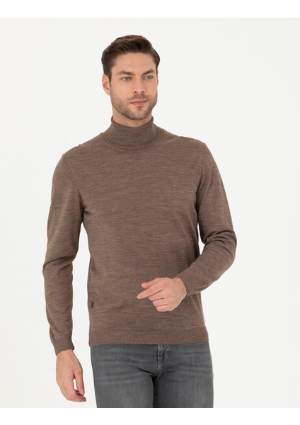 Erkek Açık Kahverengi Slim Fit Balıkçı Yaka Yün Karışımlı Basic Triko Kazak 50270052-VR002