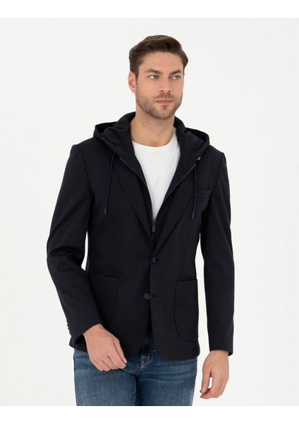 Erkek Lacivert Slim Fit Kapüşonlu Ceket 50287480-VR033