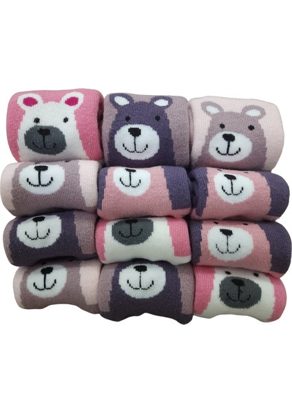12 Çift Bebek Çocuk Pamuklu Kalın Silikon Tabanlı Kız Çocuk Çorabı