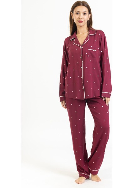 Vs Bayan Desenli Pamuk Saten U.kol Pijama Takım Bordo/yıldız Desenli