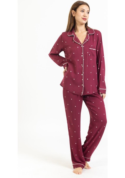 Vs Bayan Desenli Pamuk Saten U.kol Pijama Takım Bordo/yıldız Desenli fiyatları