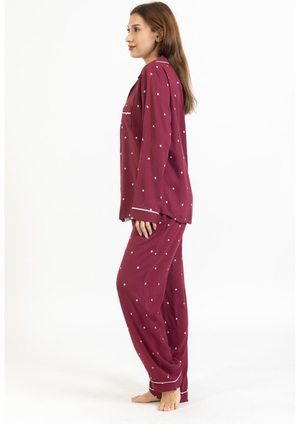 Vs Bayan Desenli Pamuk Saten U.kol Pijama Takım Bordo/yıldız Desenli modelleri