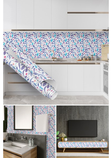 Mor Tonlarda Çiçek Desenli Yapışkanlı Folyo, Mutfak, Tezgah, Masa, Dolap Kaplama Folyosu, Isıya Dayanıklı, Su Geçirmez, Yapışkan Folyolar, Sticker, Büyük Ebatlı, Dekoros