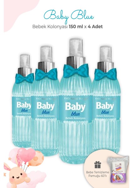 Eyüp Sabri Tuncer Bebek Kolonyası Baby Blue 150 ml x 4 Adet ve Kare Bebek Pamuğu